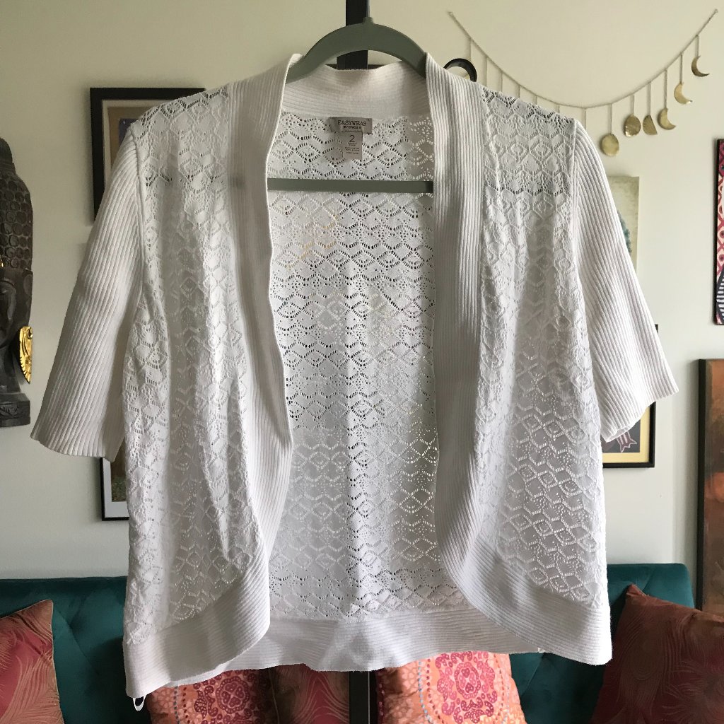 Easywear By Chico's Size 2 / L White Grannycore Open Cropped Cardigan Sweater